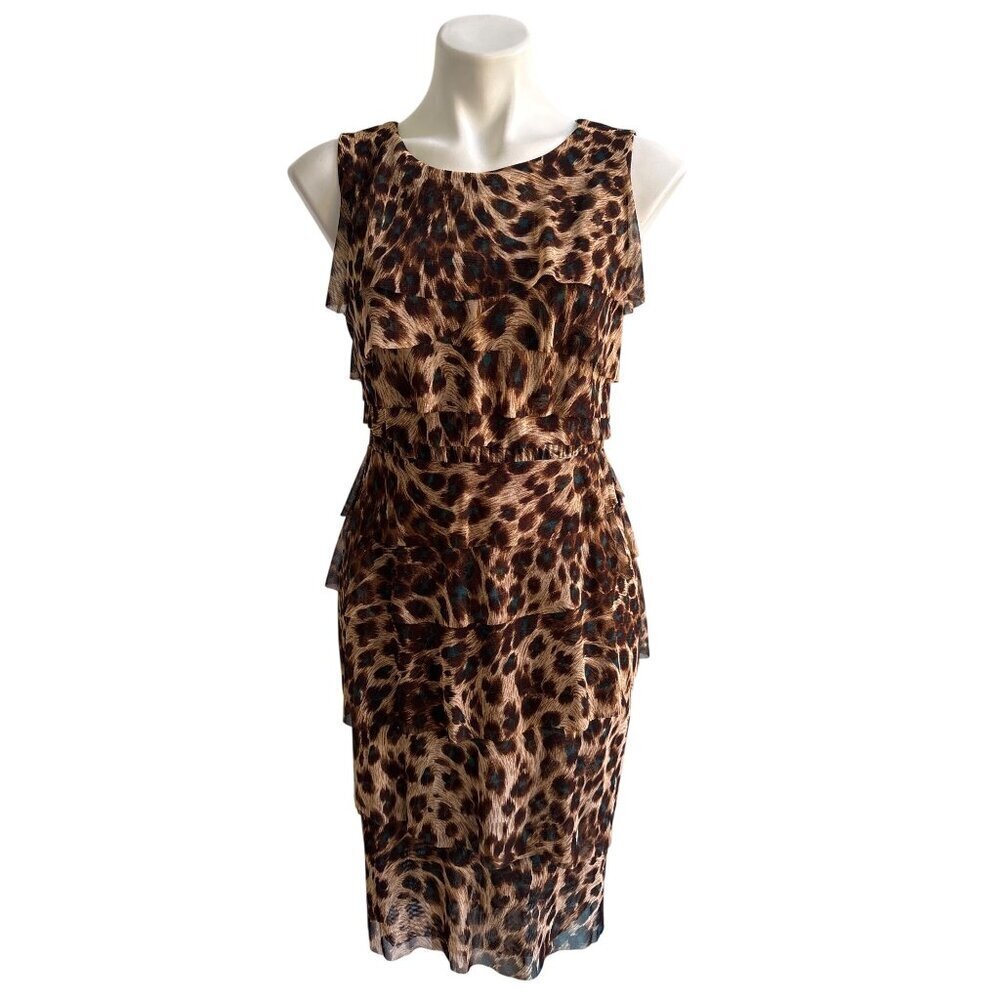 Kay Unger Tiered Ruffle Mesh Leopard Pattern Sleeveless Dress, Women's Size S